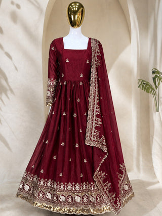 Maroon Fandy Embroidered Anarkali Gown ClothsVilla