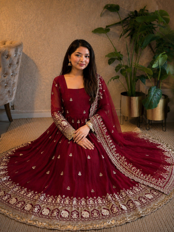 Maroon Fandy Embroidered Anarkali Gown ClothsVilla