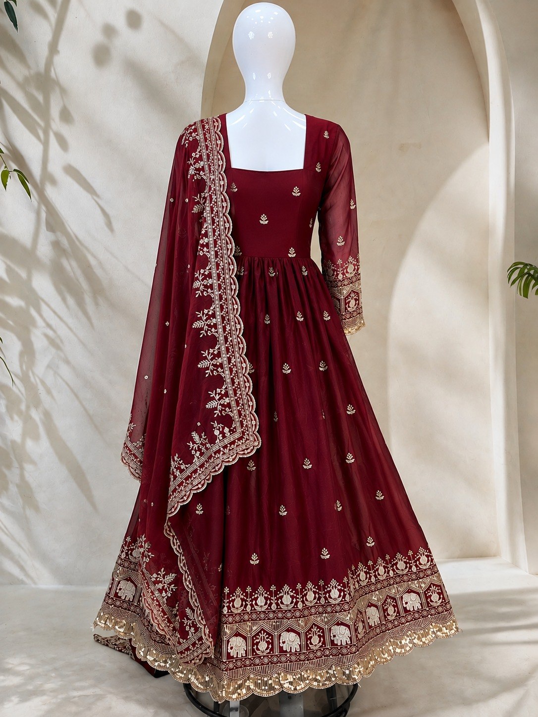 Maroon Fandy Embroidered Anarkali Gown ClothsVilla