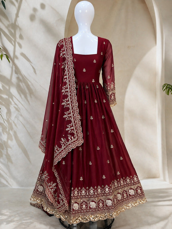 Maroon Fandy Embroidered Anarkali Gown ClothsVilla
