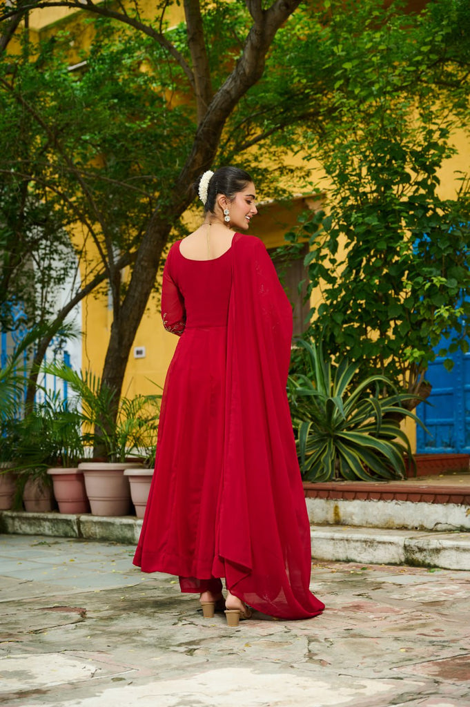 Maroon Faux Blooming Multithread Beads Embroidered Gown Set with Matching Bottom & Dupatta – Stitched Ensemble ClothsVilla