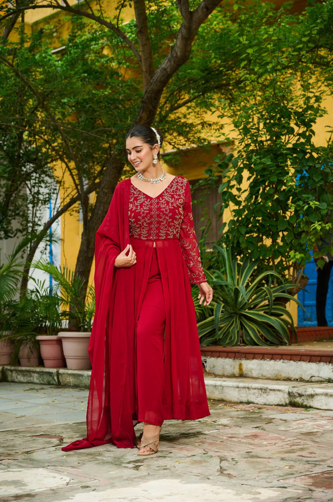 Maroon Faux Blooming Multithread Beads Embroidered Gown Set with Matching Bottom & Dupatta – Stitched Ensemble ClothsVilla