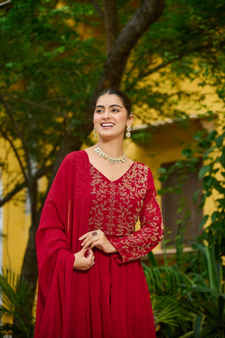 Maroon Faux Blooming Multithread Beads Embroidered Gown Set with Matching Bottom & Dupatta – Stitched Ensemble ClothsVilla