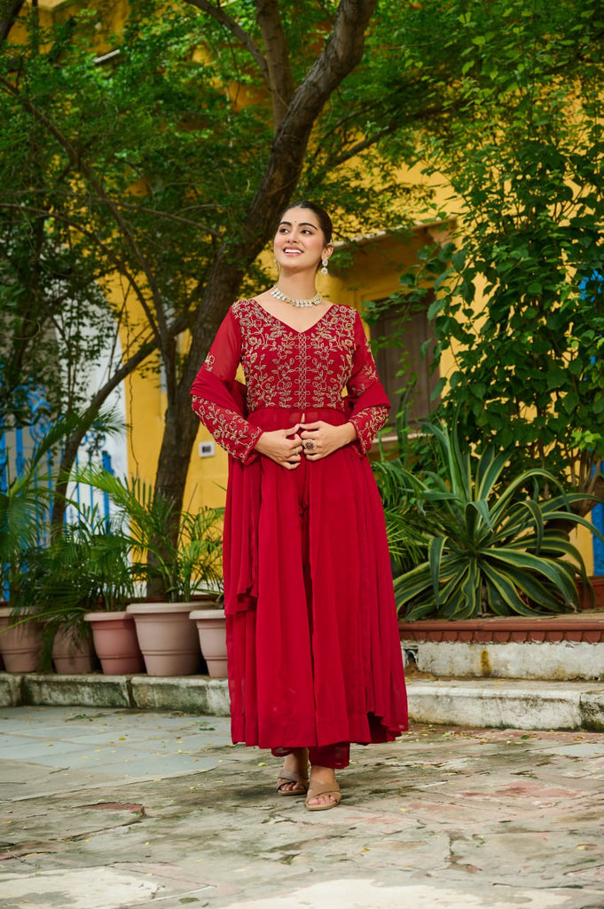 Maroon Faux Blooming Multithread Beads Embroidered Gown Set with Matching Bottom & Dupatta – Stitched Ensemble ClothsVilla