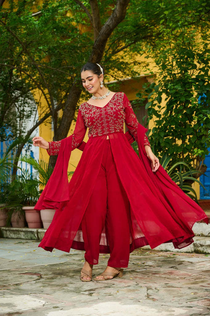 Maroon Faux Blooming Multithread Beads Embroidered Gown Set with Matching Bottom & Dupatta – Stitched Ensemble ClothsVilla