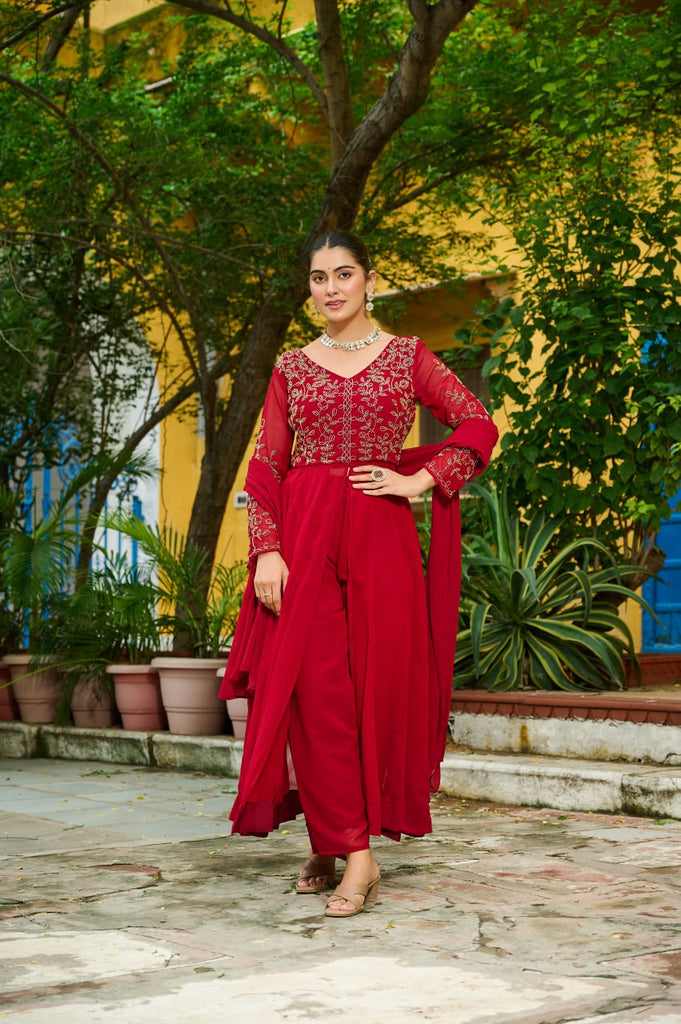 Maroon Faux Blooming Multithread Beads Embroidered Gown Set with Matching Bottom & Dupatta – Stitched Ensemble ClothsVilla
