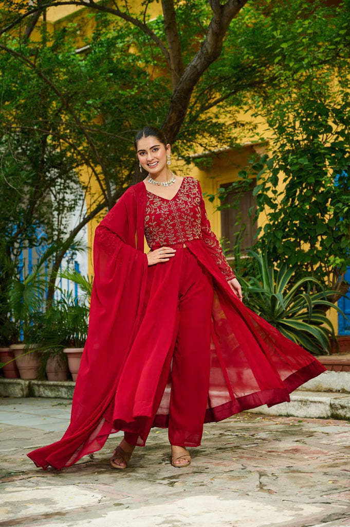Maroon Faux Blooming Multithread Beads Embroidered Gown Set with Matching Bottom & Dupatta – Stitched Ensemble ClothsVilla
