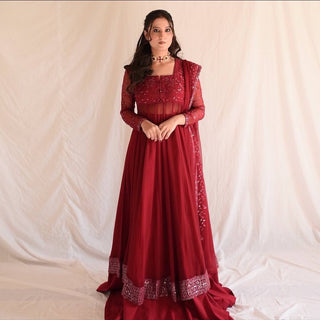 Maroon Faux Blooming Sharara Set with Heavy 3mm Sequins & Zari Embroidery – Full Sleeves, Matching Dupatta & Elegant Detailing ClothsVilla