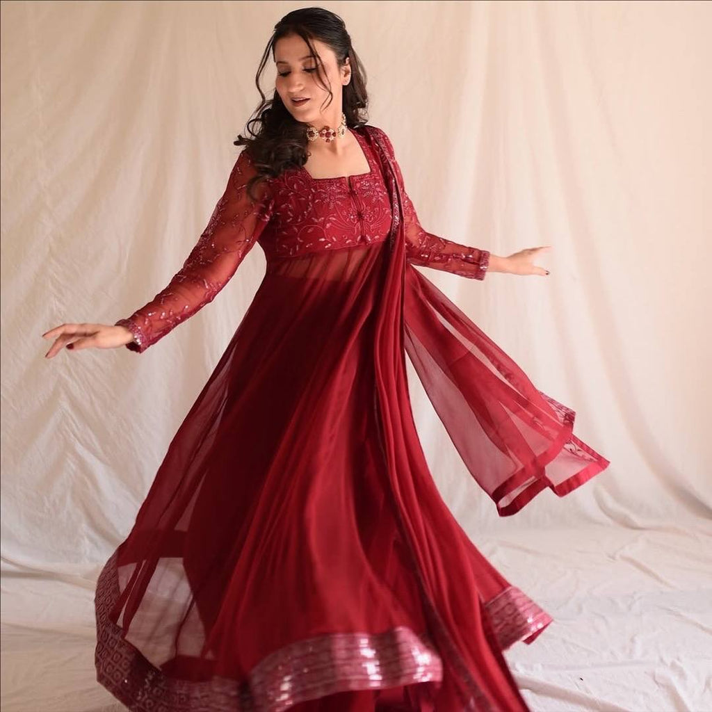 Maroon Faux Blooming Sharara Set with Heavy 3mm Sequins & Zari Embroidery – Full Sleeves, Matching Dupatta & Elegant Detailing ClothsVilla