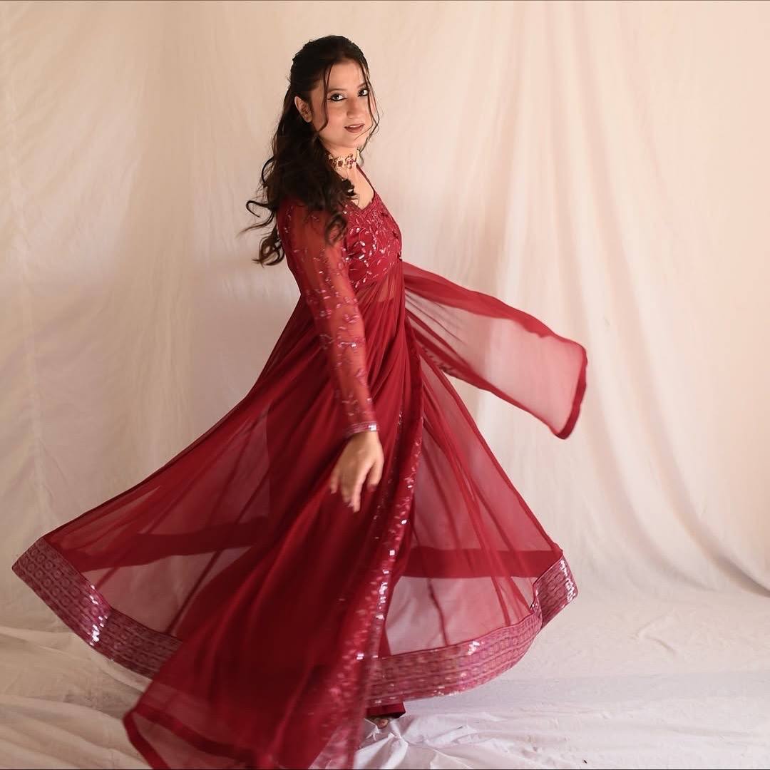 Maroon Faux Blooming Sharara Set with Heavy 3mm Sequins & Zari Embroidery – Full Sleeves, Matching Dupatta & Elegant Detailing ClothsVilla