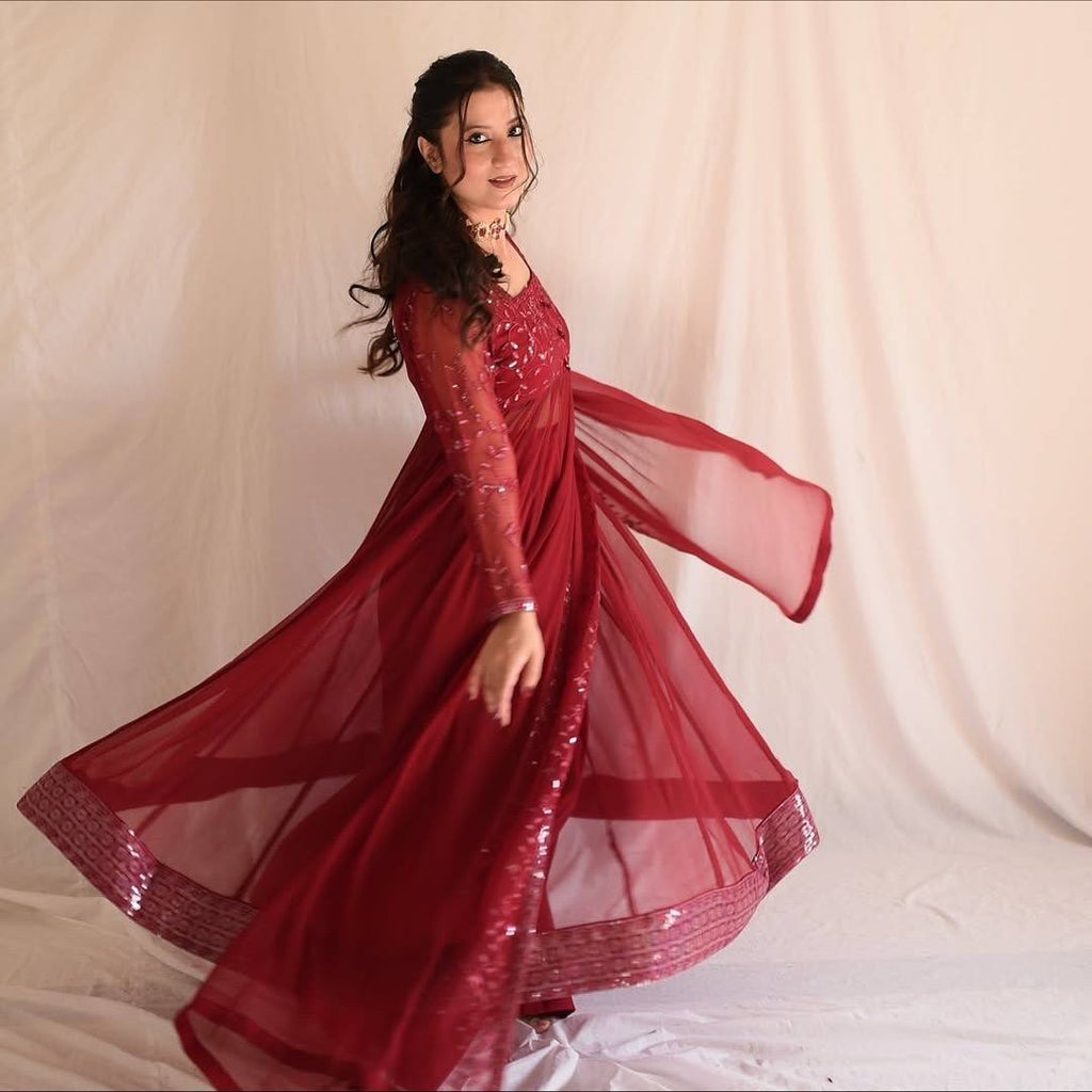 Maroon Faux Blooming Sharara Set with Heavy 3mm Sequins & Zari Embroidery – Full Sleeves, Matching Dupatta & Elegant Detailing ClothsVilla