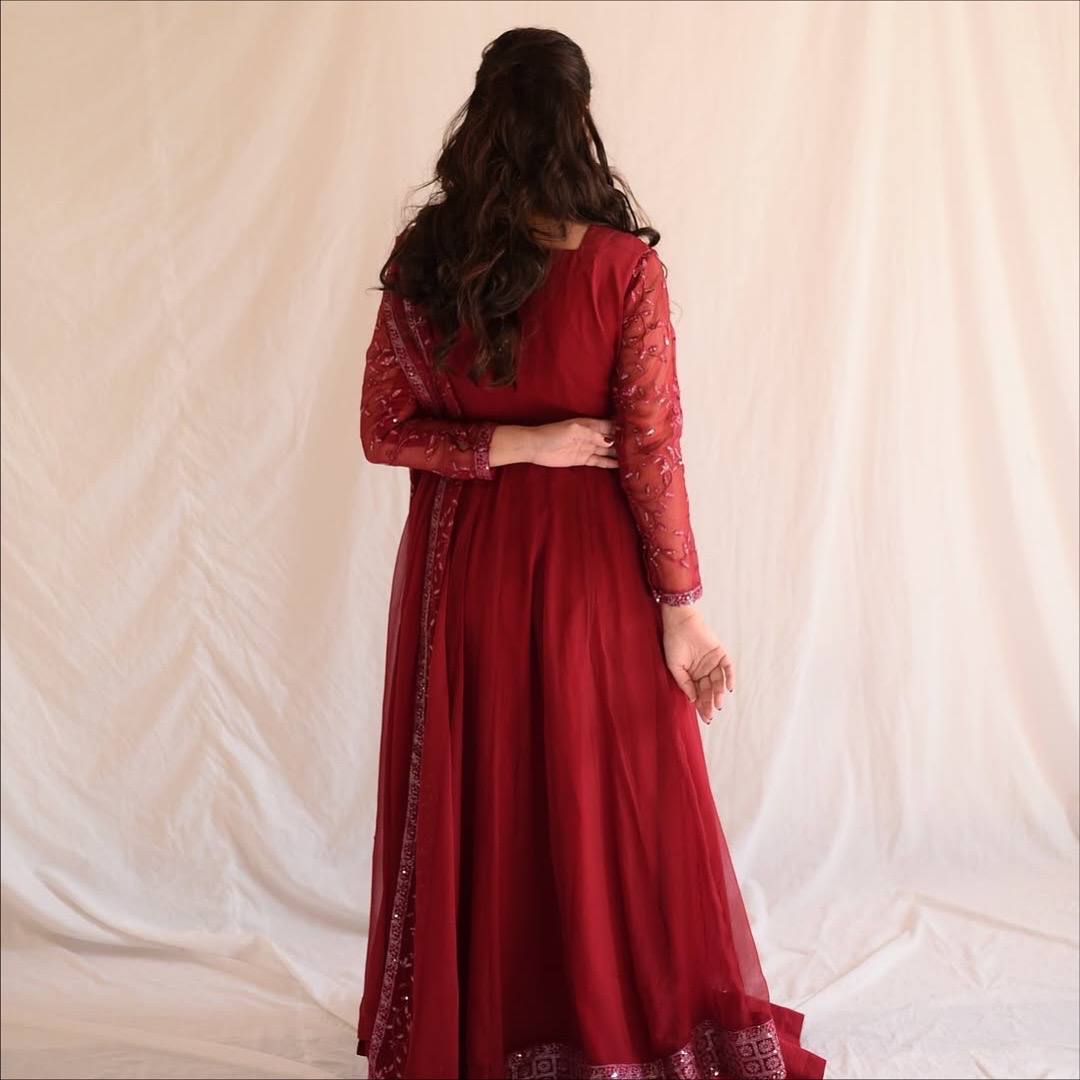 Maroon Faux Blooming Sharara Set with Heavy 3mm Sequins & Zari Embroidery – Full Sleeves, Matching Dupatta & Elegant Detailing ClothsVilla
