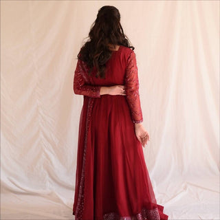 Maroon Faux Blooming Sharara Set with Heavy 3mm Sequins & Zari Embroidery – Full Sleeves, Matching Dupatta & Elegant Detailing ClothsVilla