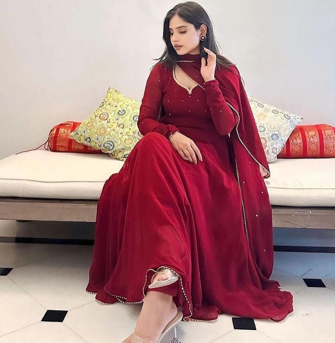 Maroon Faux Georgette Anarkali Suit Set Secondary image