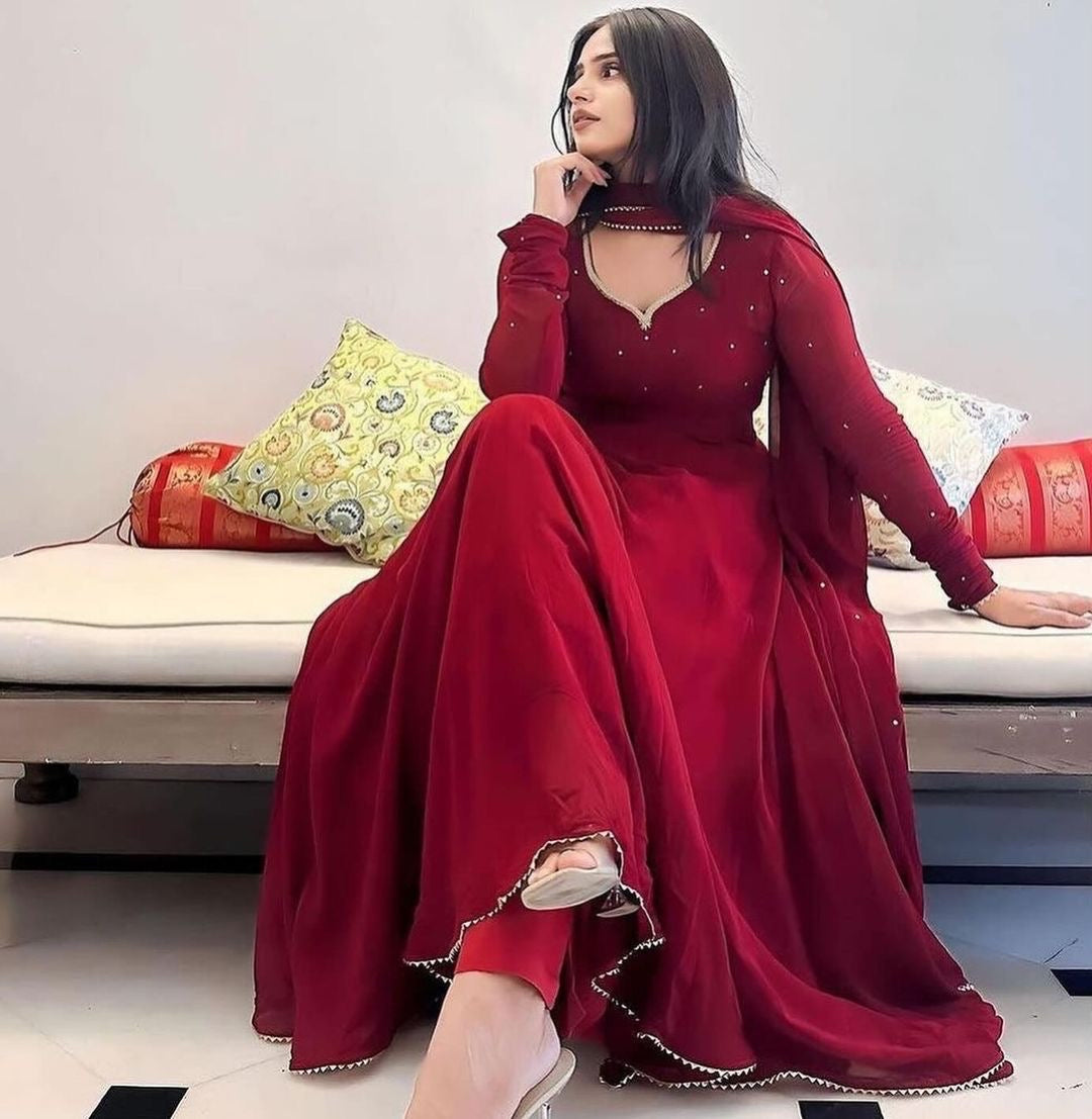 Maroon Faux Georgette Anarkali Suit Set ClothsVilla
