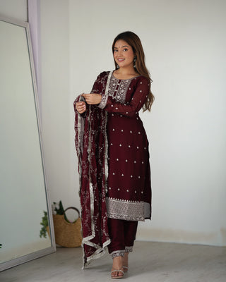 Maroon Festival Special Pure Blooming Rangoli Silk Kurta Set with Dupatta – Elegant Embroidery & Lace Work