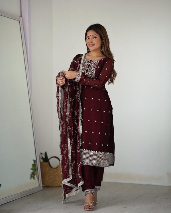 Maroon Festival Special Pure Blooming Rangoli Silk Kurta Set with Dupatta – Elegant Embroidery & Lace Work
