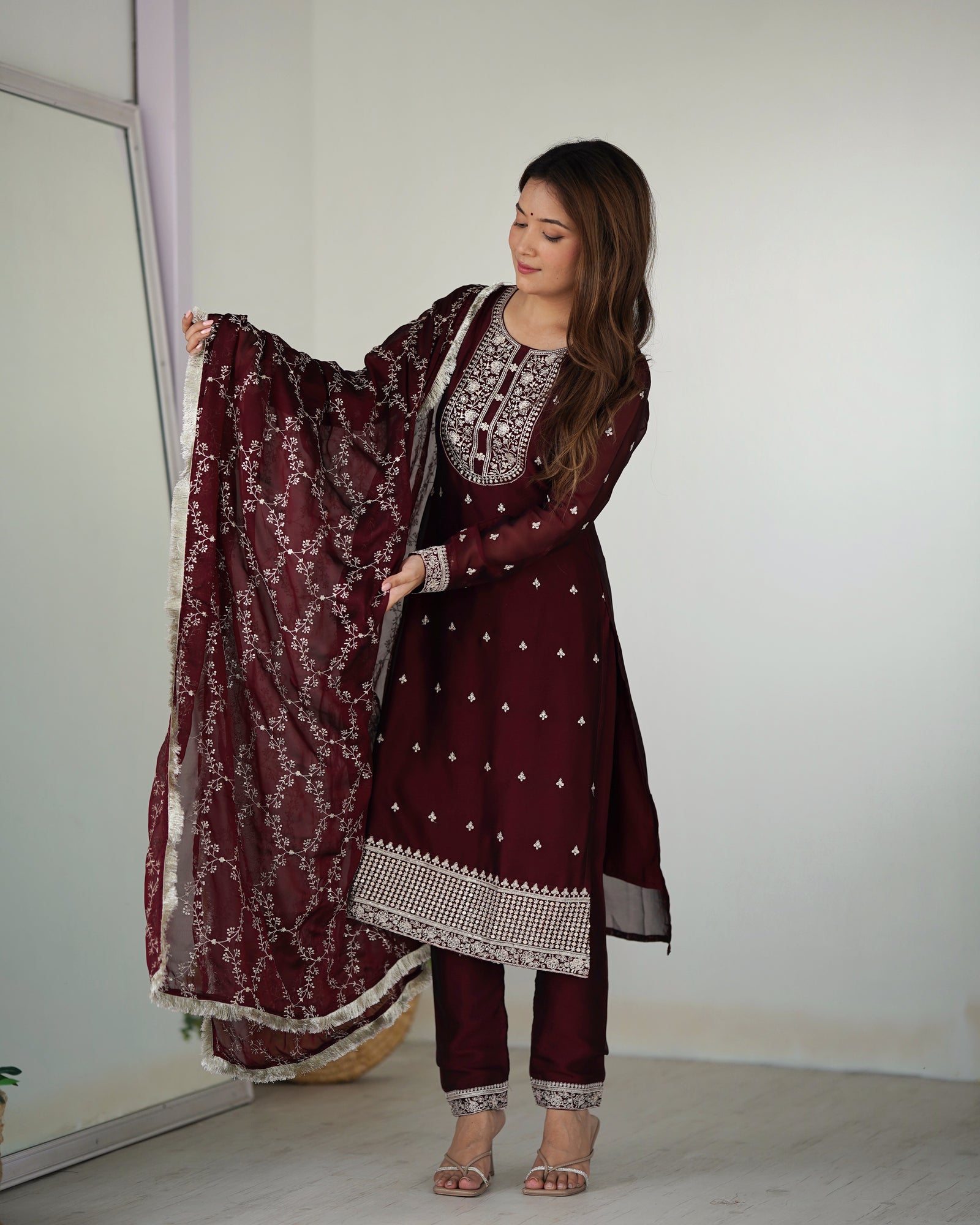 Maroon Festival Special Pure Blooming Rangoli Silk Kurta Set with Dupatta – Elegant Embroidery & Lace Work