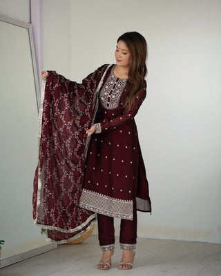 Maroon Festival Special Pure Blooming Rangoli Silk Kurta Set with Dupatta – Elegant Embroidery & Lace Work