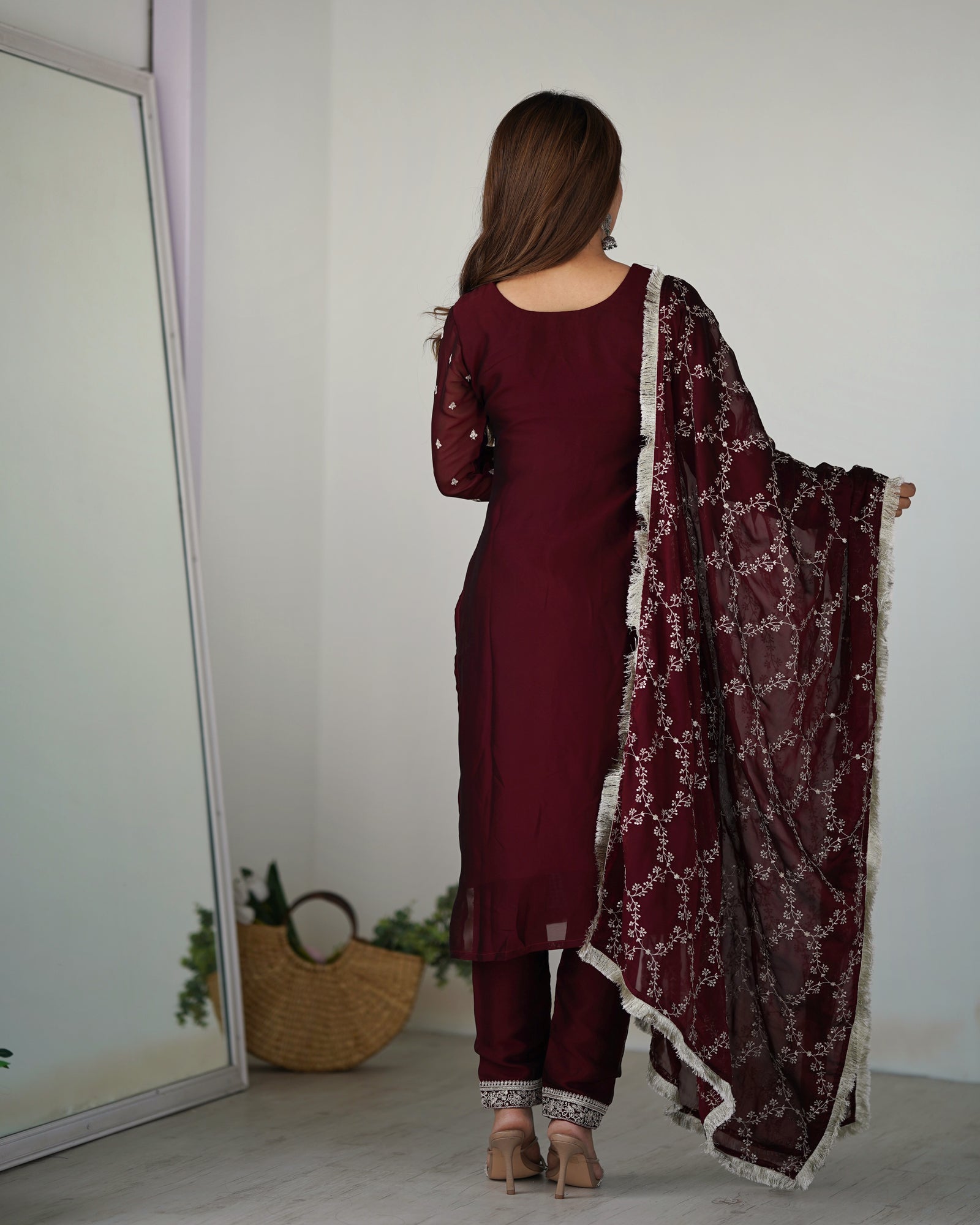 Maroon Festival Special Pure Blooming Rangoli Silk Kurta Set with Dupatta – Elegant Embroidery & Lace Work
