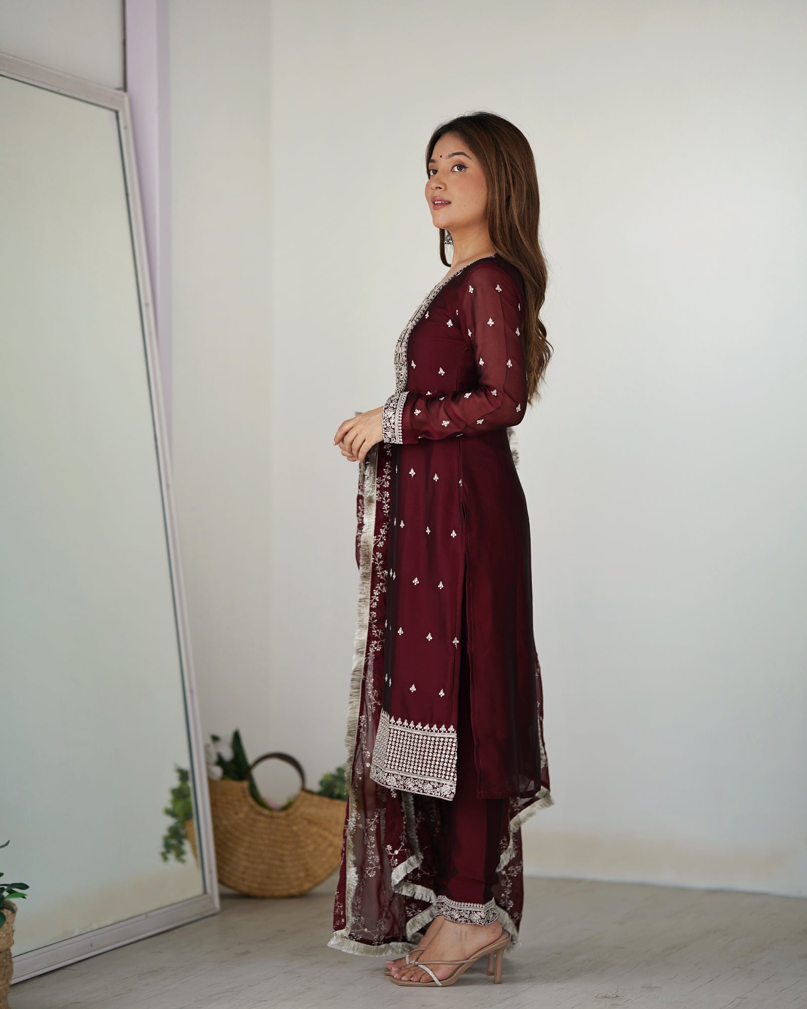 Maroon Festival Special Pure Blooming Rangoli Silk Kurta Set with Dupatta – Elegant Embroidery & Lace Work