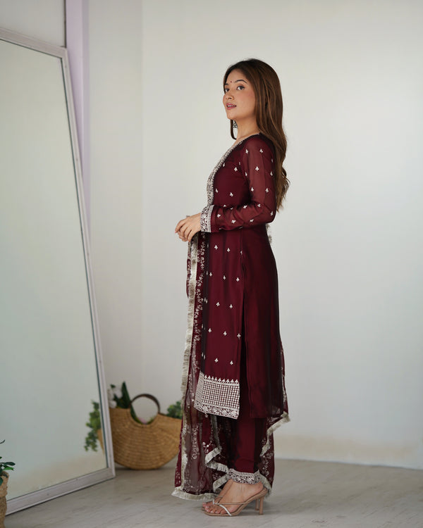 Maroon Festival Special Pure Blooming Rangoli Silk Kurta Set with Dupatta – Elegant Embroidery & Lace Work