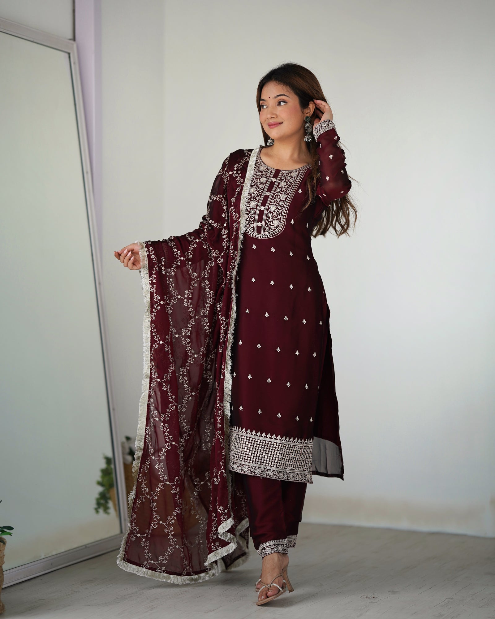 Maroon Festival Special Pure Blooming Rangoli Silk Kurta Set with Dupatta – Elegant Embroidery & Lace Work