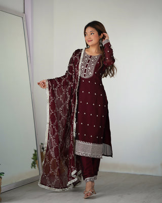 Maroon Festival Special Pure Blooming Rangoli Silk Kurta Set with Dupatta – Elegant Embroidery & Lace Work