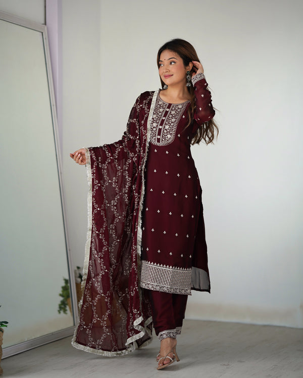 Maroon Festival Special Pure Blooming Rangoli Silk Kurta Set with Dupatta – Elegant Embroidery & Lace Work