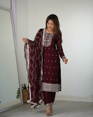 Maroon Festival Special Pure Blooming Rangoli Silk Kurta Set with Dupatta – Elegant Embroidery & Lace Work