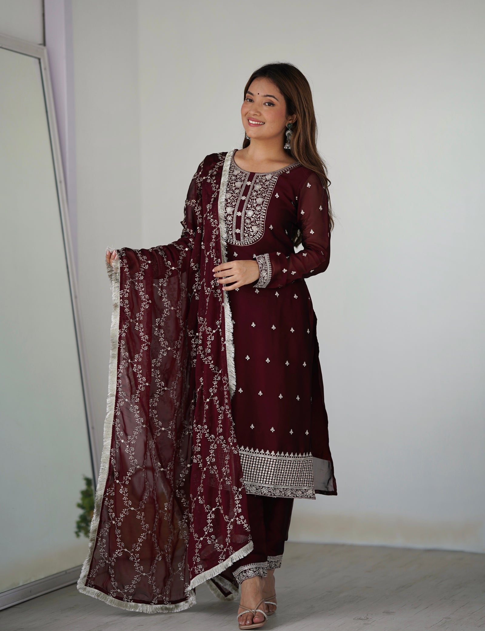Maroon Festival Special Pure Blooming Rangoli Silk Kurta Set with Dupatta – Elegant Embroidery & Lace Work