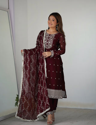 Maroon Festival Special Pure Blooming Rangoli Silk Kurta Set with Dupatta – Elegant Embroidery & Lace Work