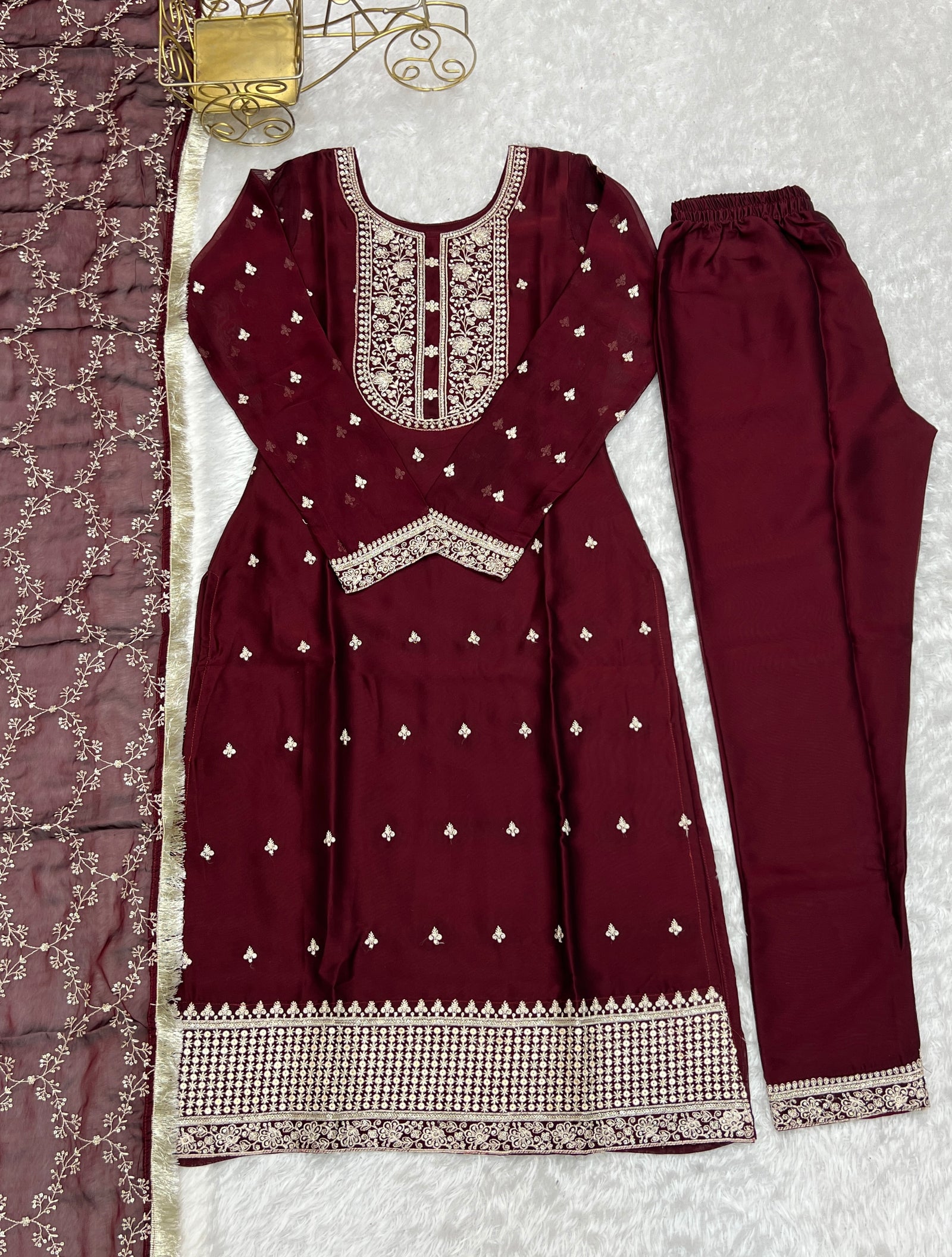 Maroon Festival Special Pure Blooming Rangoli Silk Kurta Set with Dupatta – Elegant Embroidery & Lace Work