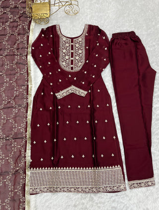 Maroon Festival Special Pure Blooming Rangoli Silk Kurta Set with Dupatta – Elegant Embroidery & Lace Work
