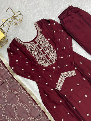 Maroon Festival Special Pure Blooming Rangoli Silk Kurta Set with Dupatta – Elegant Embroidery & Lace Work