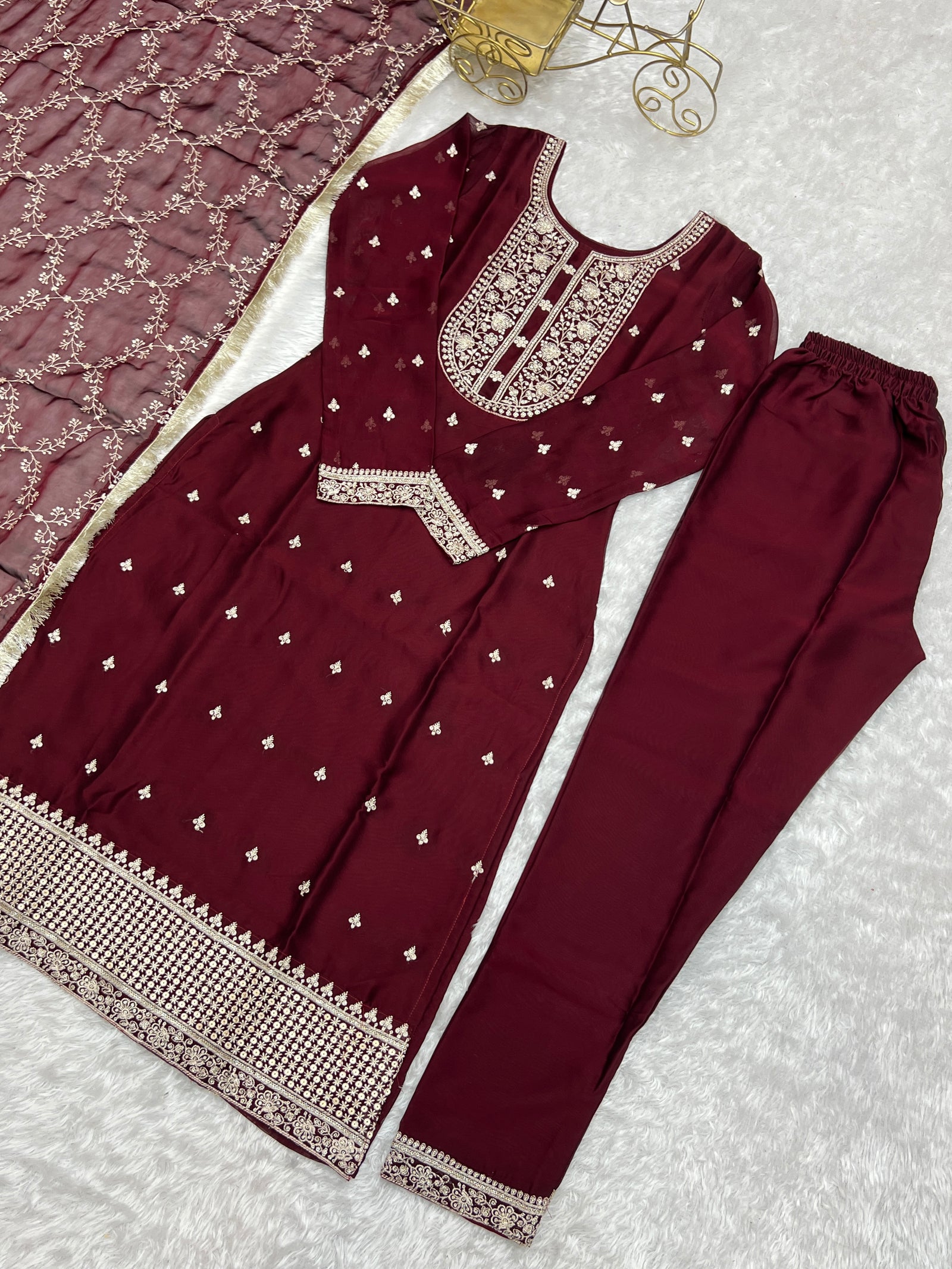 Maroon Festival Special Pure Blooming Rangoli Silk Kurta Set with Dupatta – Elegant Embroidery & Lace Work
