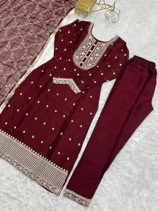 Maroon Festival Special Pure Blooming Rangoli Silk Kurta Set with Dupatta – Elegant Embroidery & Lace Work