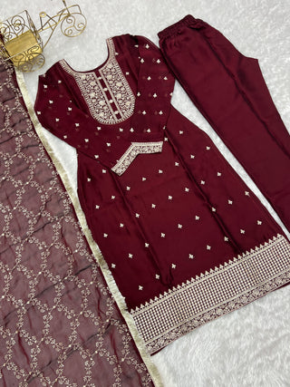 Maroon Festival Special Pure Blooming Rangoli Silk Kurta Set with Dupatta – Elegant Embroidery & Lace Work