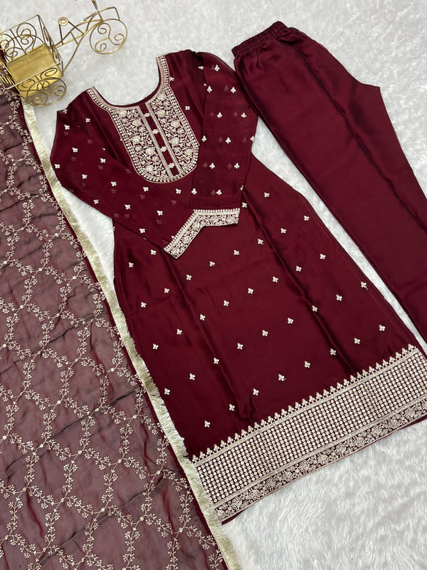 Maroon Festival Special Pure Blooming Rangoli Silk Kurta Set with Dupatta – Elegant Embroidery & Lace Work