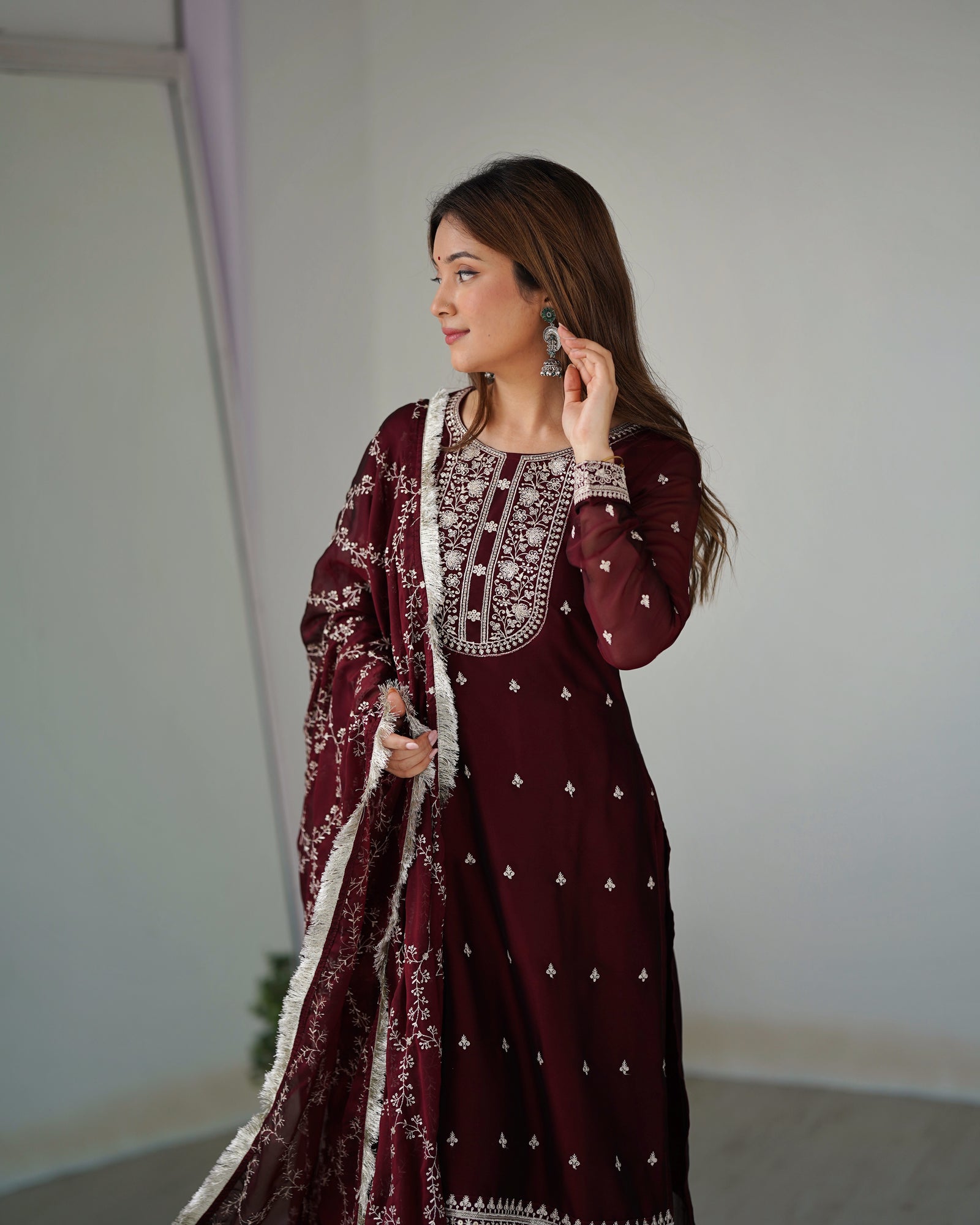 Maroon Festival Special Pure Blooming Rangoli Silk Kurta Set with Dupatta – Elegant Embroidery & Lace Work