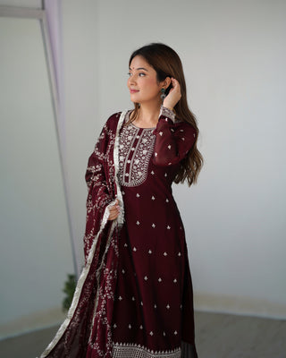 Maroon Festival Special Pure Blooming Rangoli Silk Kurta Set with Dupatta – Elegant Embroidery & Lace Work