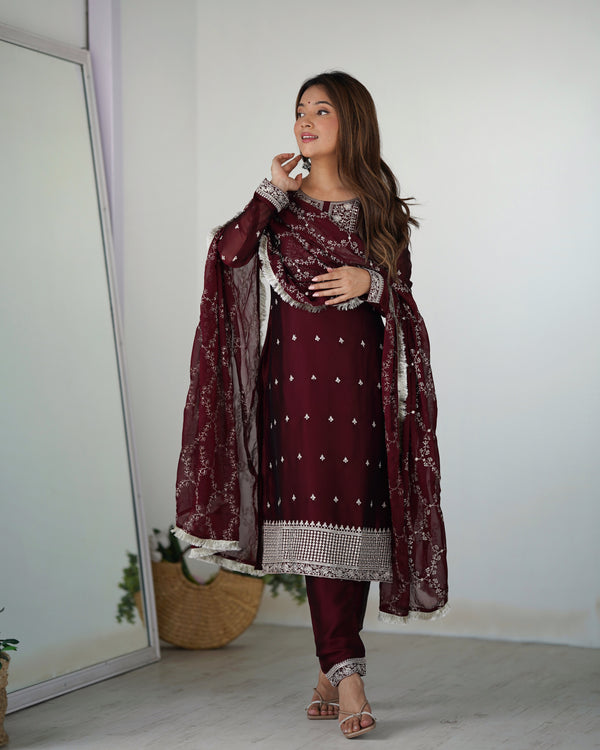 Maroon Festival Special Pure Blooming Rangoli Silk Kurta Set with Dupatta – Elegant Embroidery & Lace Work
