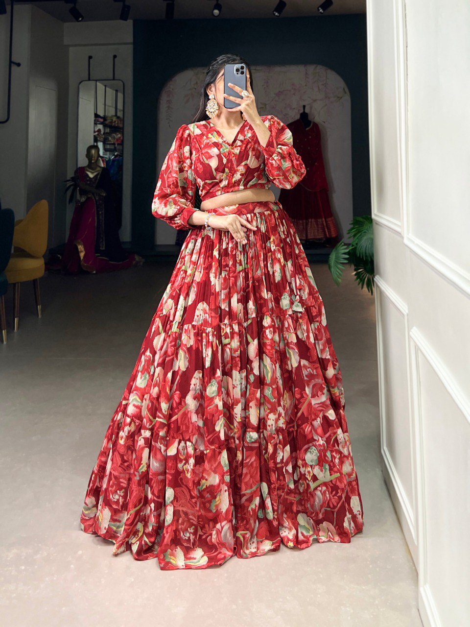 Maroon Floral Elegance Georgette Chex Co-ord Set – Effortless Grace & Style