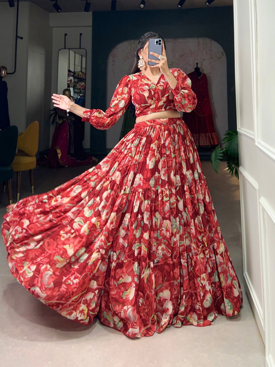Maroon Floral Elegance Georgette Chex Co-ord Set – Effortless Grace & Style