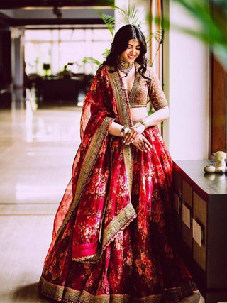 Maroon Floral Printed Organza Bridal Lehenga Choli ClothsVilla