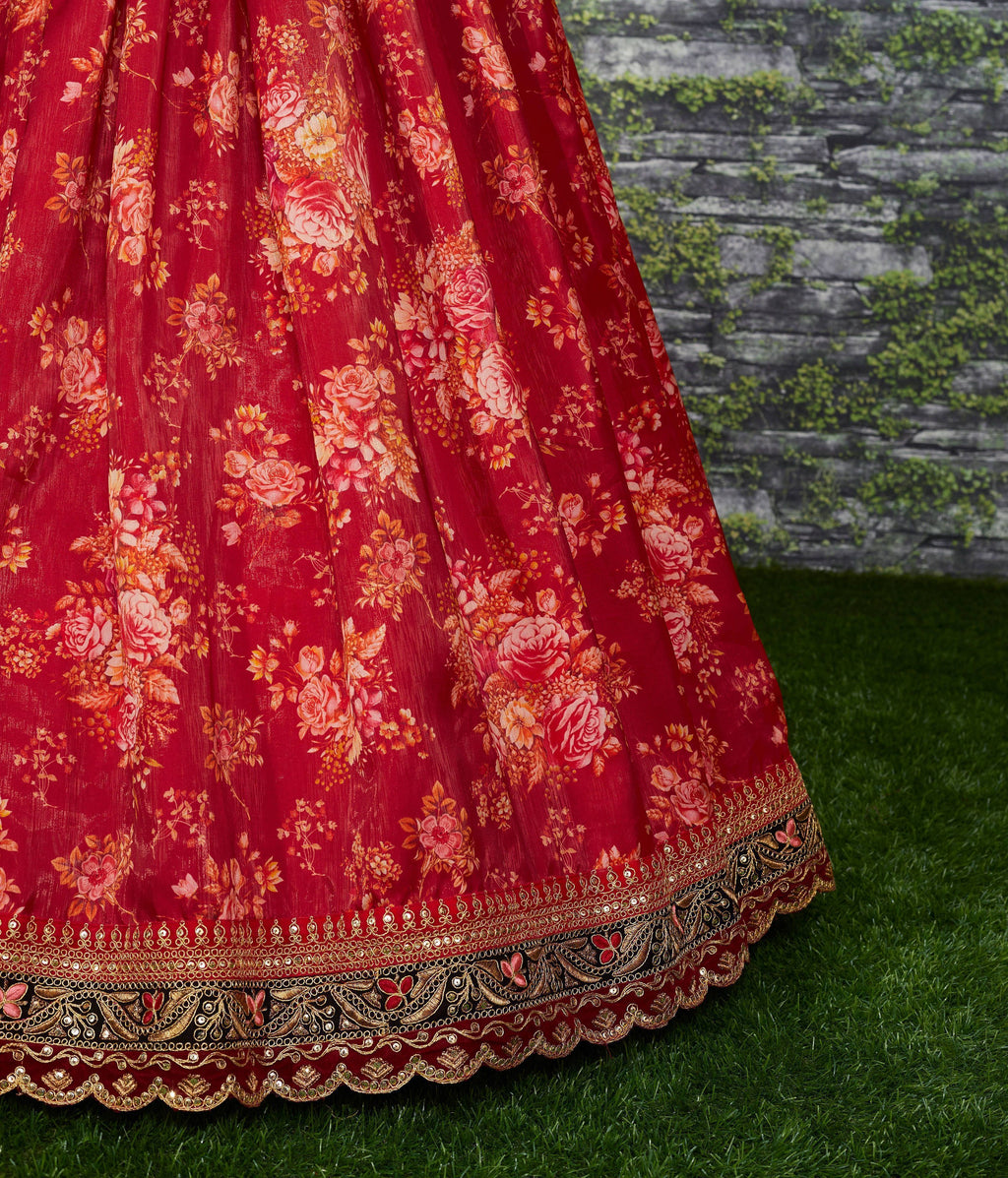 Maroon Floral Printed Organza Bridal Lehenga Choli ClothsVilla