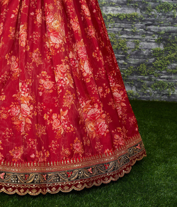 Maroon Floral Printed Organza Bridal Lehenga Choli ClothsVilla