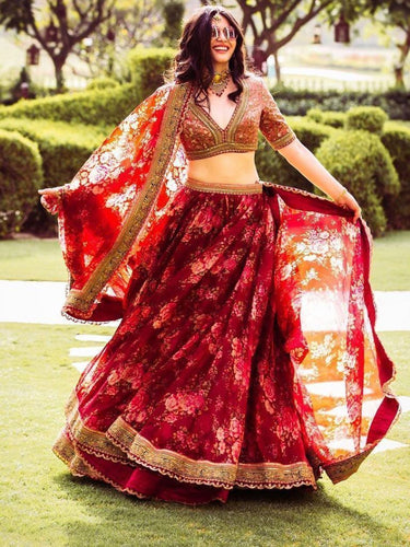 Maroon Floral Printed Organza Bridal Lehenga Choli ClothsVilla