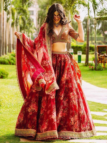 Maroon Floral Printed Organza Bridal Lehenga Choli ClothsVilla