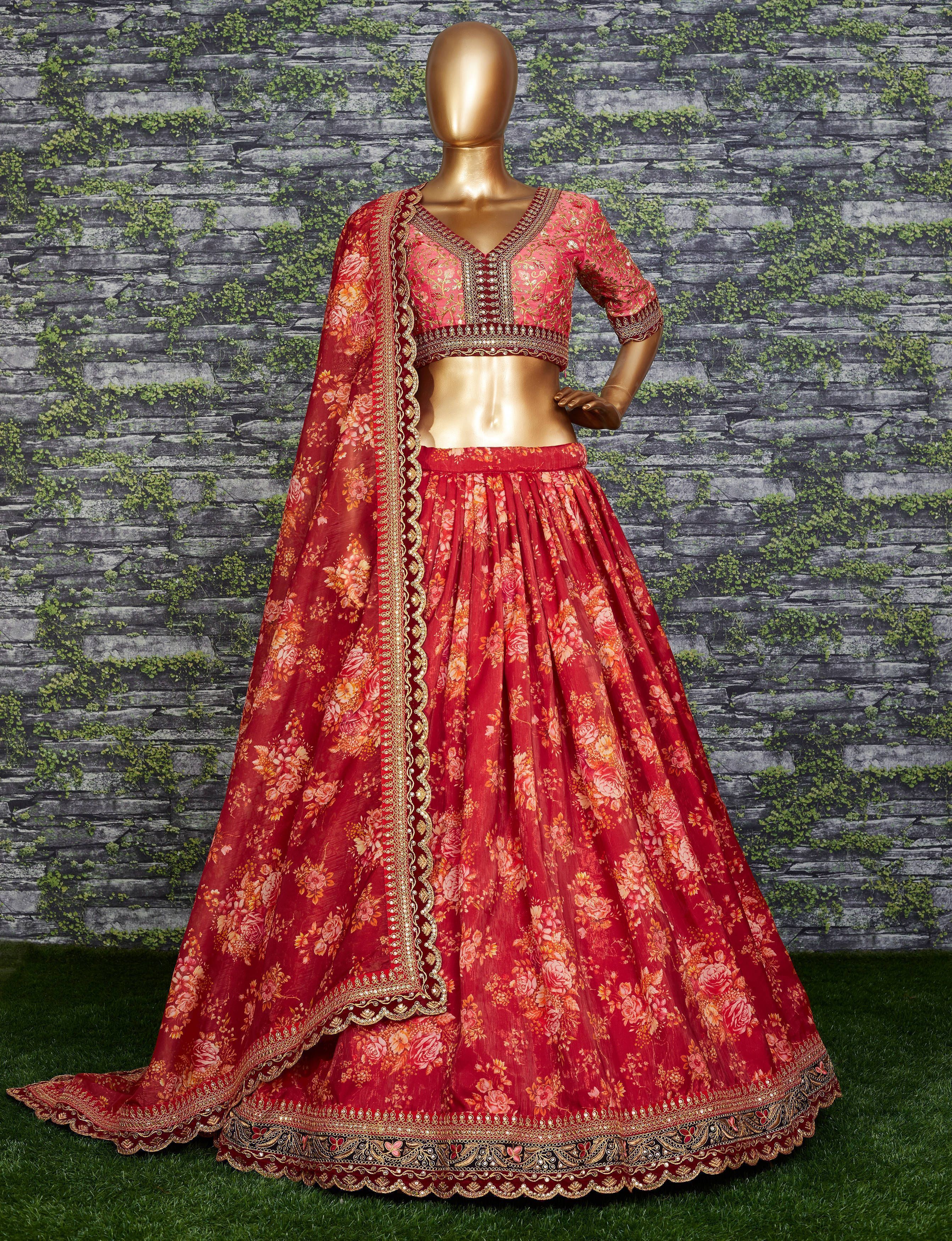 Maroon Floral Printed Organza Bridal Lehenga Choli ClothsVilla